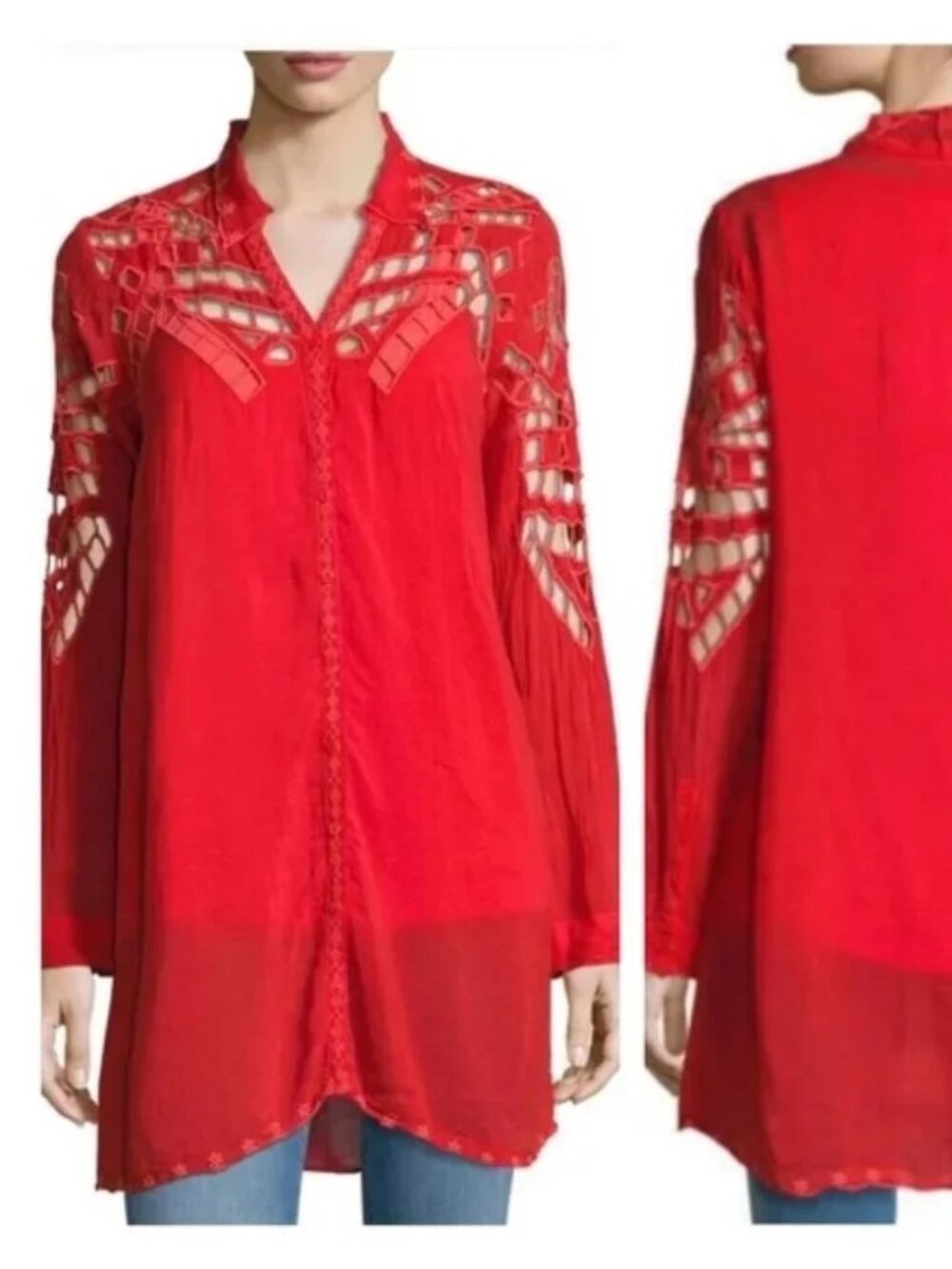 Vintage Johnny Was Eyelet Crochet Tunic Dress in Red Womens XXL